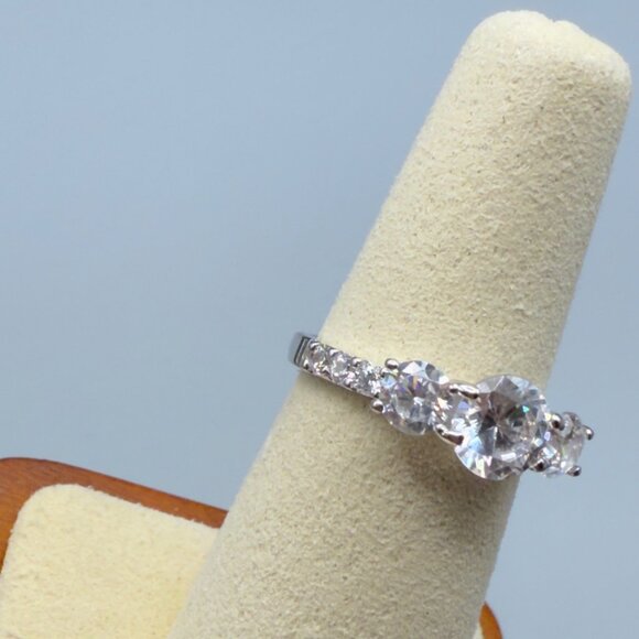 Three Stone Cubic Zirconia Engagement Ring Silver Tone Round Cut Size 6 - Picture 10 of 14